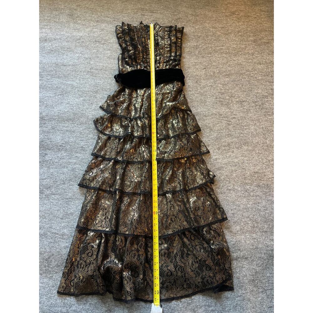 $1300 Alice + Olivia Tahara Gold Metallic Ruffle Sleeve Tiered Maxi Dress Gown S - Picture 9 of 13